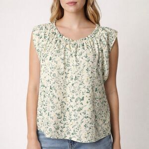 DICTIONARY FLORAL RUFFLE BLOUSE CREAM GREEN BOHO TOP XL NWT